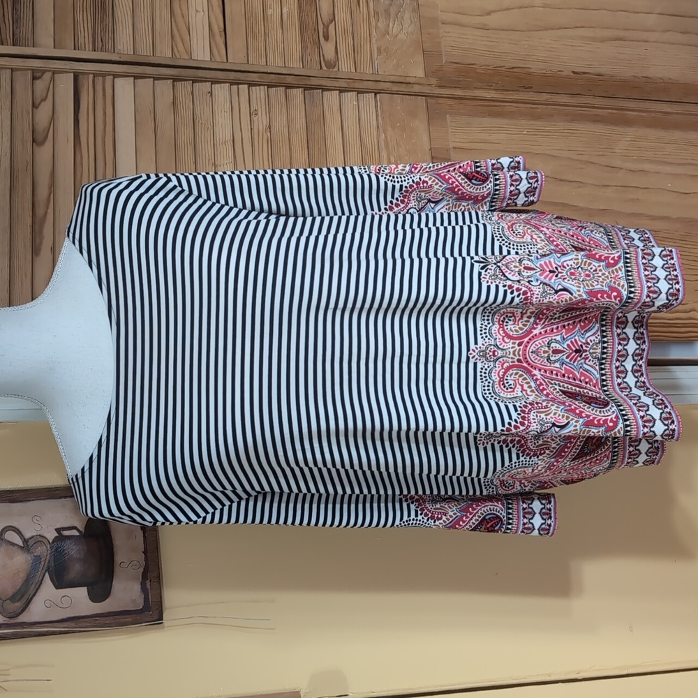 Chico's 3 Black and White Striped Top with Coral Pink Paisley XL 16
